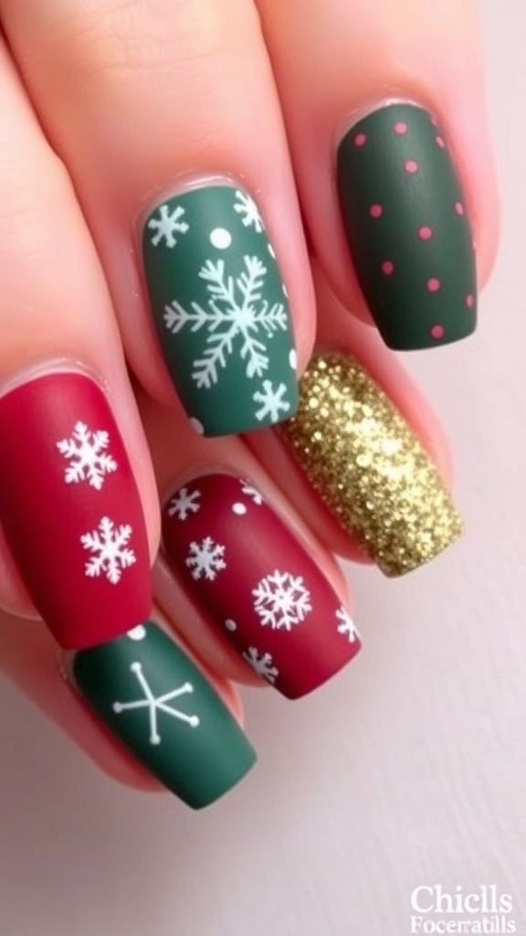 Short matte Christmas nails in red and green with snowflake designs and gold accents.